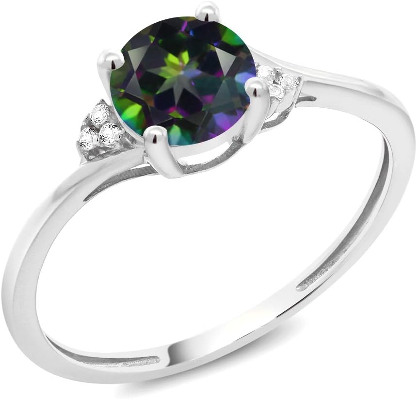 Gem Stone King 10K White Gold Gemstone Birthstone and Diamond Accent Engagement Ring | 6MM Round | Wedding Anniversary Promise Ring For Women | Size 5, 6, 7, 8, 9