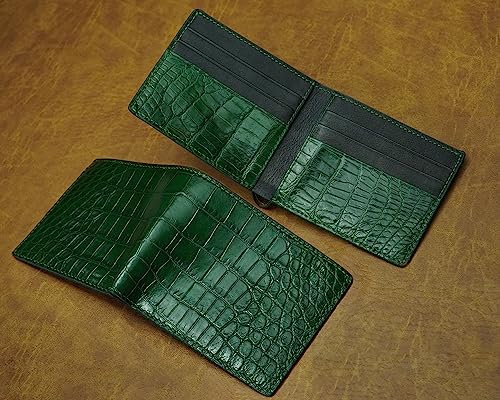 Image of HATA Green Black Bifold Wallet for Men, Exotic Billfold with Mixed Leather Interior, RFID Blocking Card Holder, Handmade Gift for Birthday, Anniversary, Father's Day VIMIX-81