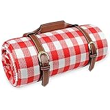 BRIAN & DANY Picknickdecke 200 x 200 cm, Draussen Wasserdicht Stranddecke mit Tragbarem Griff für den Strand Outdoor Camping Piknicke, Rotes und Weißes Gitter