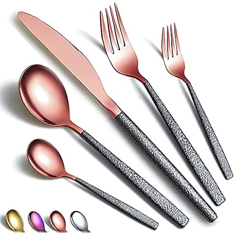 HOMQUEN Cutlery 30 pieces rose gold head coating with black mars handle, stainless steel copper titanium coating knife spoon forks cutlery set utensils set cutlery set service for 6 Cover