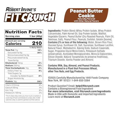 FITCRUNCH Snack Size Protein Bars, 6-Layer Baked Bar, 1g of Sugar, Gluten Free & Soft Cake Core (18 Bars, Peanut Butter Cookie)