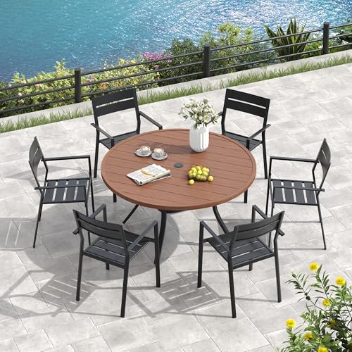 Image of VICLLAX 50 inch Round Patio Table, Outdoor Dining Table for 6 with Umbrella Hole for Garden Lawn Deck Backyard, Walnut