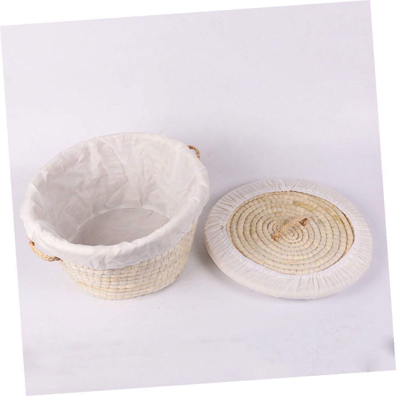 Veemoon Woven Large Bread and Steamed Bun Storage Basket with Lid, 30cm X 16cm Corn Husk Handmade Kitchen Organizer for Pantry and Egg Storage