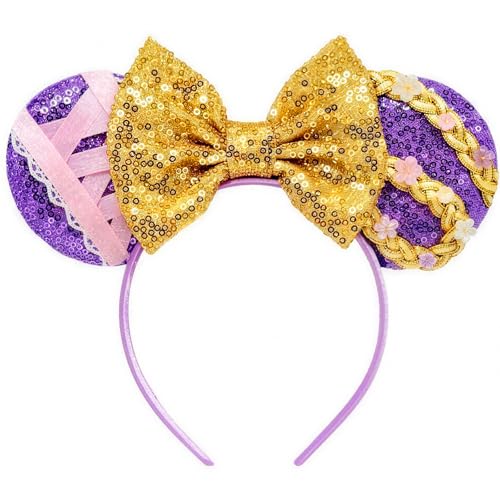 FlowCrest Shiny Purple Mouse Ears Headband with Gold Bow & Sequins Sparkle Princess Headwear for Women Girls Perfect for Disney Trips Birthday Parties Cosplay & Christmas Celebrations