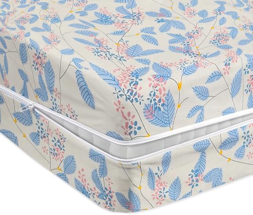 Image of HOMEKART Premium Cotton 220TC 72 x 78 x 8 Single Size Mattress Cover Protector with Zip /Chain|Provides All Around Protection - 1 pc (72 x 78 x 8) (Off White & Blue)