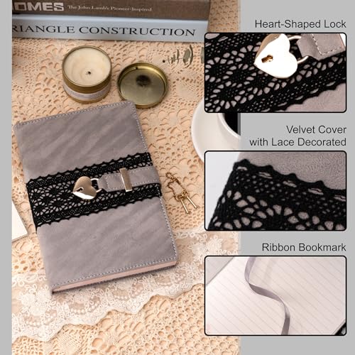 CAGIE Diary with Lock for Girls, Velvet Cover Locked Journal for Women A5 100 gsm, Girls Diary with Heart Shaped Lock and Keys 224 Pages, Lock Journal Gift Ideas for Women Teen Girls, Grey - Image 3