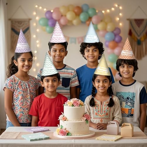 Image of Party Propz Happy Birthday Caps -12 Pcs, Birthday Cap for Decoration, Happy Birthday Caps for Kids, Multicolor Birthday Cap, Birthday Decoration Items for Boys & Girls (Cardstock)