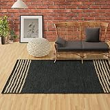 GRUHUM Jute Area Rugs 3x5 feet - Natural Fibre Black Rectangular Leather Handwoven Boho Farmhouse So