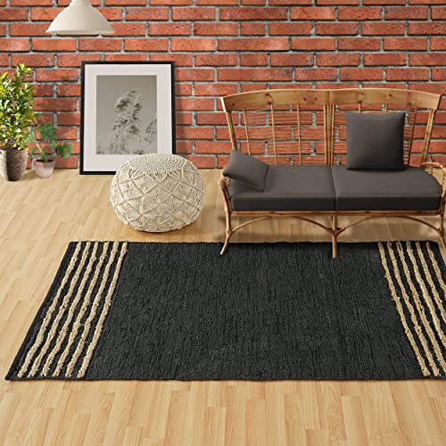 Gruhum Jute Area Rugs 3X5 Feet - Natural Fibre Black Rectangular Leather Handwoven Boho Farmhouse Soft Braided Rustic Vintage Rug Indoor Outdoor Livingroom Kitchen Hallways Enterways (3X5Ft) #TOP5