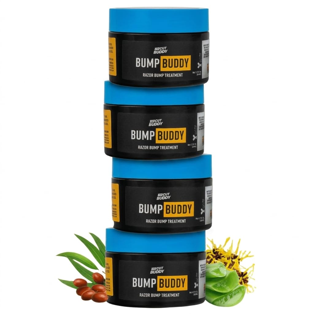 Bump Buddy After Shave Cream 4-Pack, Helps Reduce Razor Bumps & Discomfort Post-Shave for Head, Face, Neck, Underarms, Legs & Bikini Area, The Cut Buddy, 50 ml Each – 200 ml Total