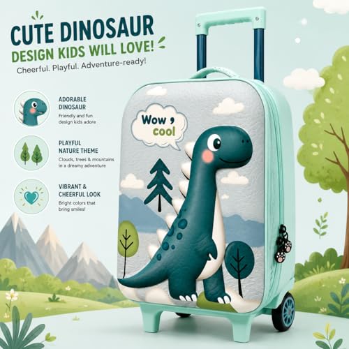 Image of PLUSPOINT Dinosaur Theme Kids Trolley Bag | 16 Inch Hard Shell Cabin Luggage with Wheels | Lightweight Travel Suitcase for Boys & Girls | School Trips, Vacations, Holidays & Weekend Travel