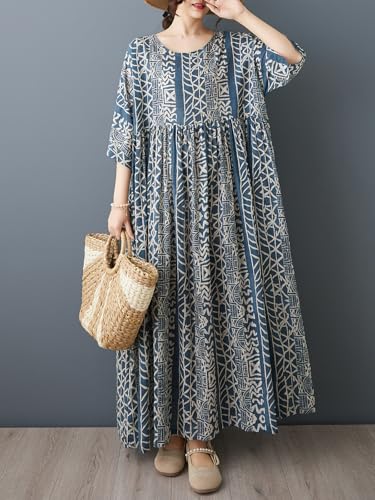 Image of Women Plus Size Dresses Summer Vintage Print O Neck Oversized Boho Vacation Casual Robe with Side Pockets