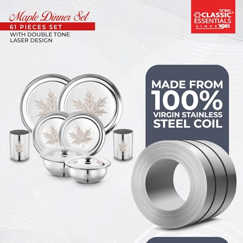 Image of Classic Essentials Stainless Steel 61-Piece Dinner Set for 6 People | Heavy Gauge Kitchen Dining Set | Permanent Laser-Maple Design | Durable Rust-Resistant Tableware for Home & Festive Use