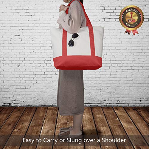 Image of TOPDesign 1-Pack Canvas Tote Bag with an External Pocket, Reusable Grocery Shopping Bag, Top Zipper Closure, Daily Essentials (Red /Natural)