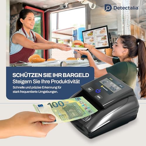 Detectalia D7T+, Falschgeldprüfer, getestet für EUR, GBP, USD, mit 5 Fälschungsprüfungen, mit Alarm, TFT-Display, EZB-Zertifiziert