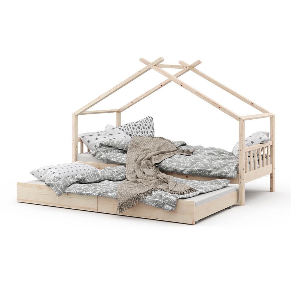 VitaliSpa Cama en Forma de casa Design, Madera Natural, 90x200 cm | con cama de invitados, con barrera de protección anticaídas y somier para un descanso seguro