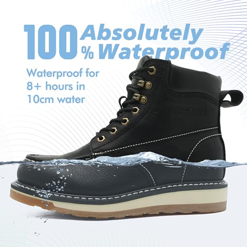 Image of Moc Toe Work Boots for Men Waterproof Soft /Steel Toe Comfortable Full Grain Leather Non Slip Wedge Outsole Construction 6 inch Workboots