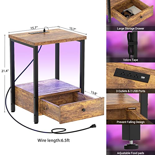 Ecoprsio Nightstands Set Of 2 With Charging Station And Led Lights, Modern Night Stand Bedside Table With Storage Drawer, End Side Table With Power Outlet For Bedroom Living Room, Rustic Brown #TOP2