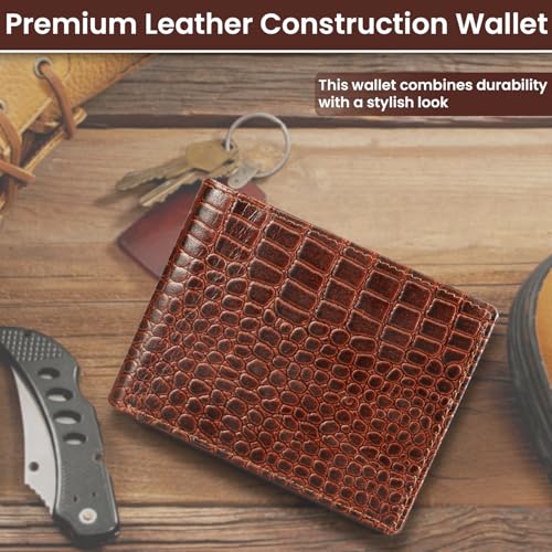 Men’s Leather Wallet RFID Blocking – Slim Bifold Wallet for Men with 15 Card Slots, ID Window – Stylish Crocodile Pattern, Durable Stitching, Brown – Gift Box Included2