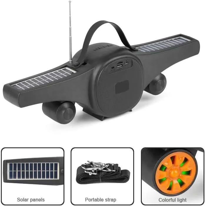 Kisonli SC-21 speaker with solar panels, antenna, USB port, and included strap