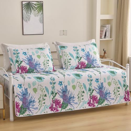 Image of Jarson 3 Pcs Floral Daybed Cover Set Twin Size Purple Green White Flower Sofa Cover Bedding Sets Double Side Bed Set for All Season Botanical Pattern Daybed Quilt Set with Pillow Shams