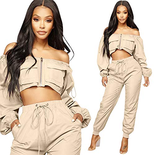 Sexy Two Piece Outfits for Women - Long Sleeve Crop Tops High Waisted Pants Jumpsuit Sexy Club Outfits Khaki - Thumbnail 2