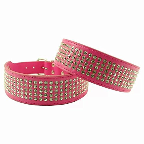 Dogs Kingdom 5 Rows Bling Rhinestone Dog Collars hign Quality PU Leather Dog Collar Rose Red S:17-20"