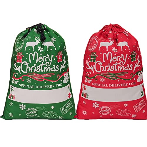 HBell 2Pcs Extra Large Santa Sack with Drawstring Large Personalized Christmas Sacks for Kids,Santa and Elk Present Sacks,Reusable Xmas Canvas Gift Bags for Christmas Decorations 70x50cm