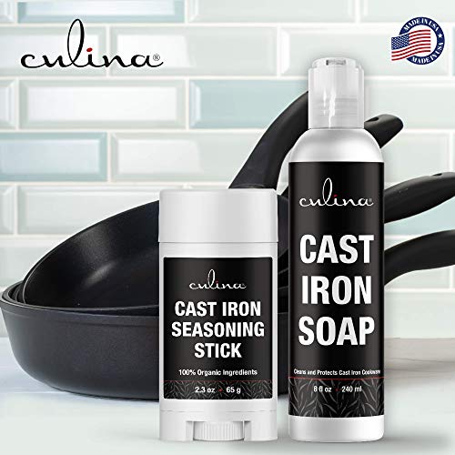 Culina Cast Iron Seasoning Stick & Soap & Stainless Scrubber & brush | All Natural Ingredients | Best for Cleaning, Non-stick Cooking & Restoring | for Cast Iron Cookware, Skillets - Thumbnail 3