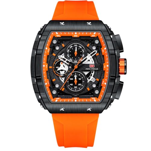rorios Analog Quarz Armbanduhren Tonneau Herrenuhren Mode Multifunktional Uhr Punk Chronograph Uhren für Männer mit Silikon Armband für Herren Orange