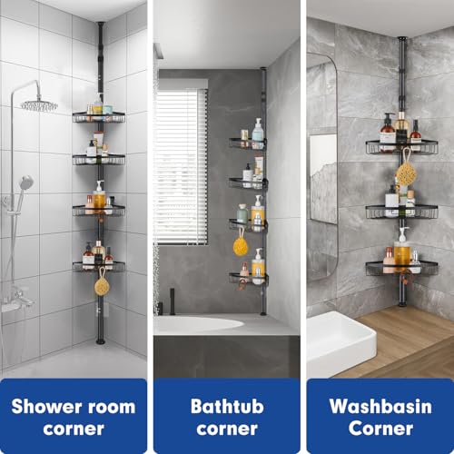 TRUSTLIFE Bathroom Shower Shelf Black Shower Caddy 4-Tier Telescopic Shower Corner Shelf, Shower Shelves No Drilling, Bathroom Accessories for Storage & Organisation, Height Adjustable from 73-302cm - Image 6