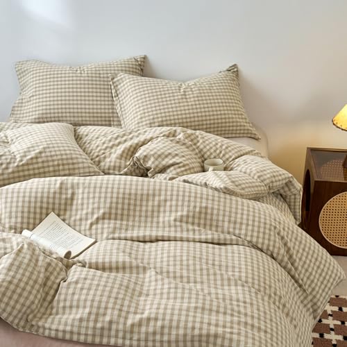 Image of VM VOUGEMARKET Khaki Gingham Duvet Cover Queen 3 Pieces Neutral Beige & Mocha Plaid Duvet Cover 100% Washed Cotton Comforter Cover with 2 Pillowcases Farmhouse Checkered Bedding Set