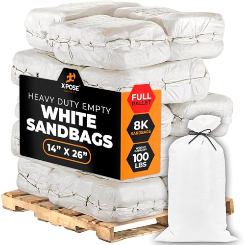 Image of Xpose Safety Heavy Duty Sand Bags with Tie Strings - Empty Woven Polypropylene Sandbags for Hurricane Flood Protection, 100 lb Capacity, 14 inch x 26 inch, White, Bulk Full Pallet Pack of 8000