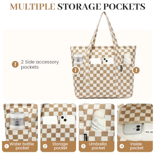 Image of Large Canvas Tote Bag for Women, Beach Bag with Zipper, Utility Tote Bag with 3 Front Pockets, Weekender Pool Bag