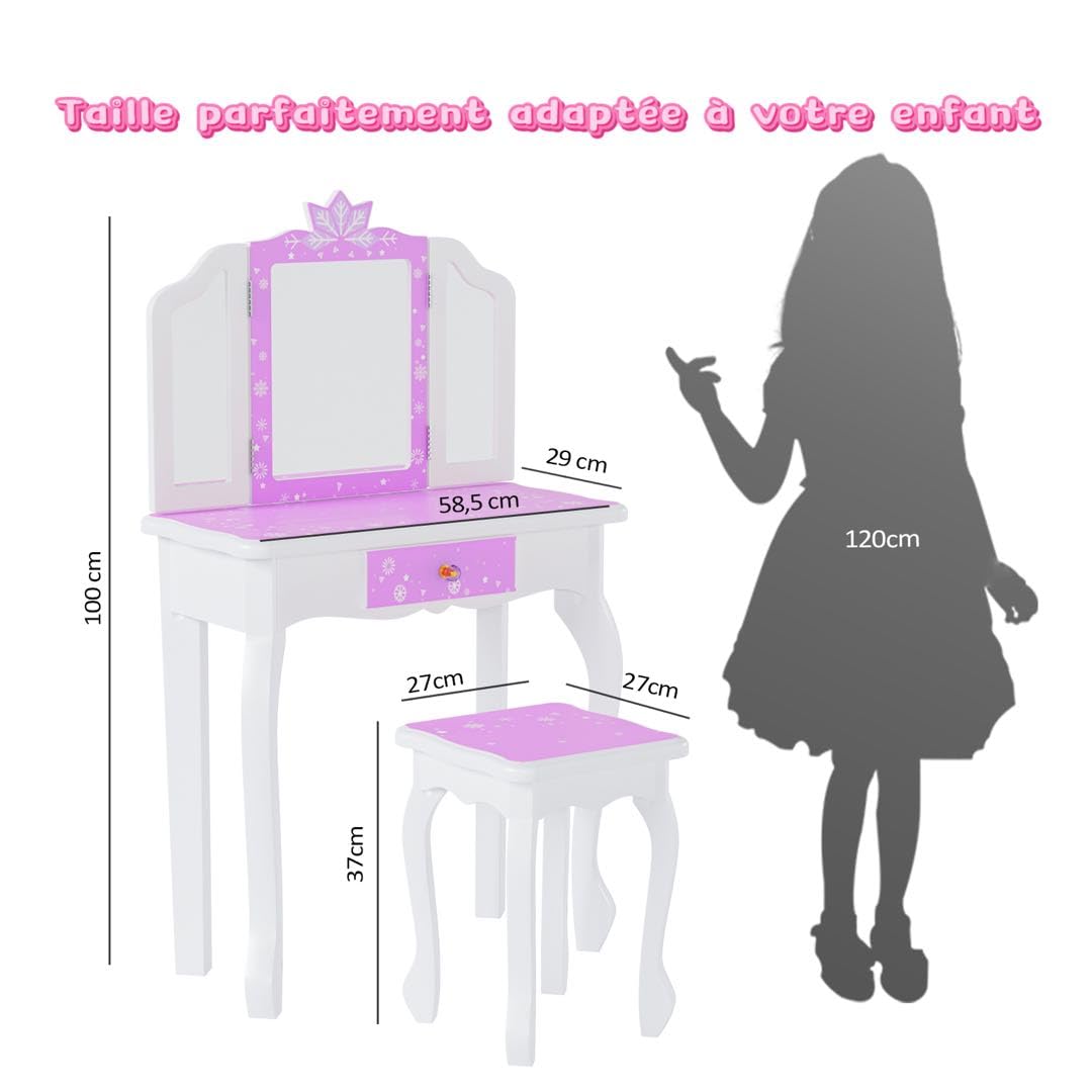 Bonnlo Ensemble Coiffeuse Enfant Fille avec Miroir à Trois Volets, Bureau 2 en 1 Idéal pour Chambre d'enfant, Dimensions 60 x 30 x 98 cm (Violet)