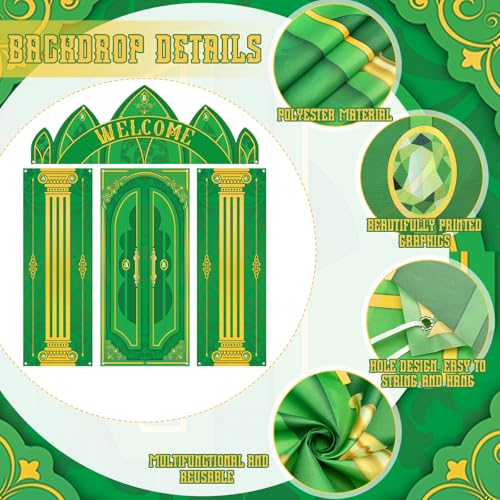 Image of VitalCozy 4 Pcs Green Castle Door Cover 6.5 x 3 ft Green Castle Backdrop Fairytale Backdrop Wonderland Hanging Banner Porch Sign for Home Bar Backyard Decorations Halloween Cosplay Party Supplies