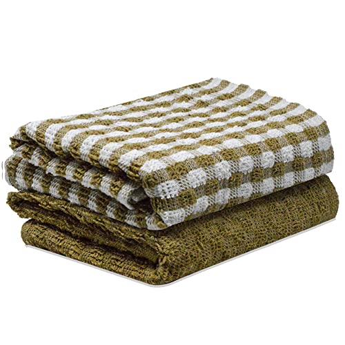 2 Pack Kitchen Towel Cotton Terry Tea Towels Brown/White Monocheck Super Absorbent Dish Drying Cleaning Cloths 35x65cm (Brown, 2)