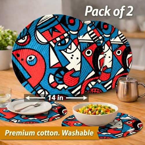 Image of Zimittory Premium Round Cotton Dining Table Mats Set of 2 | Washable Heat Resistant Food Mat | Circular Dining Table Hot Plate Mats & Coaster for Hot Utensil (14-inch /Pablo Pop)