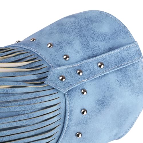 Image of KiutSymo Mid Calf Fringe Boots For Women Cowboy Pointed Toe Chunky Heels Cowgirl Western Tassel Boots