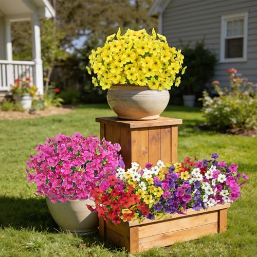 Image of Bassion 20 Bundles Artificial Violet Flowers for Outdoors, Mixed | UV resistant, silk flowers, realistic faux plants, garden patio front porch home outside planter decorations