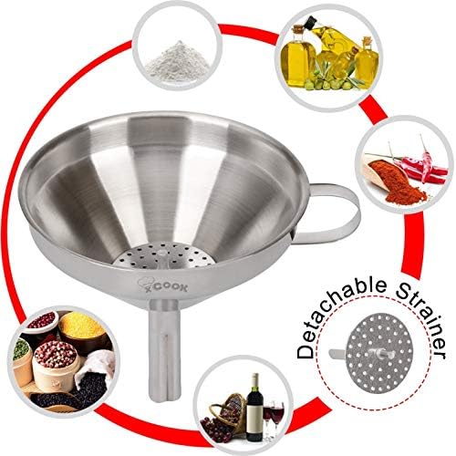 XCOOK Stainless Steel Kitchen Funnel With Detachable Strainer Filter For Transferring Essential Cooking Oil Liquid Fluid Dry Ingredients and Powder 4.9 Inches