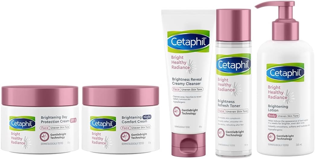 Cetaphil Bright Healthy Reveal Creamy Cleanser, Pack of 100gm, Radiance Refresh Toner 150ml, Day and Night Protection Cream, 50ml, Body Lotion, 245 g, White, Combo