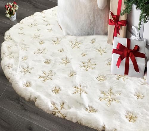 AOGU 48 Inch Sequin Faux Fur Christmas Tree Skirt Decoration for Merry Christmas Party White Plush Gold Sequin Snowflake Xmas Christmas Tree Skirt Decorations