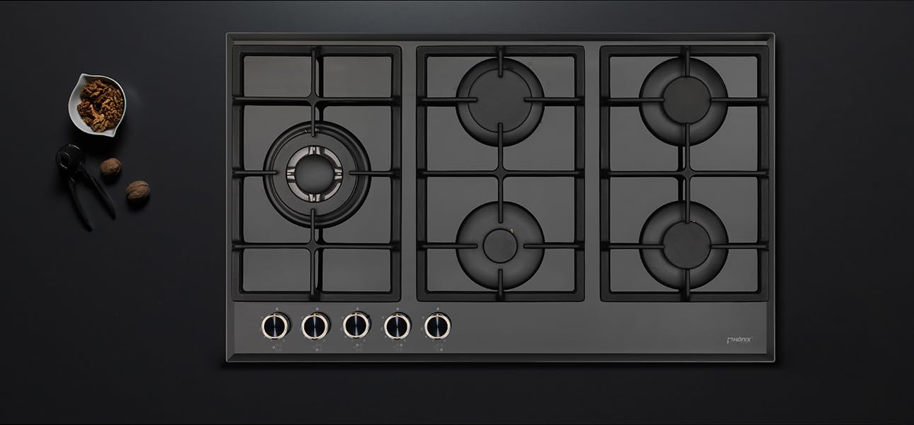 Phönix PG-901LT encimera de gas empotrada cocina de gas de vidrio 5 placas autosuficientes (independiente/empotrada- placa de gas) incl. conjunto de regulador de manguera de gas