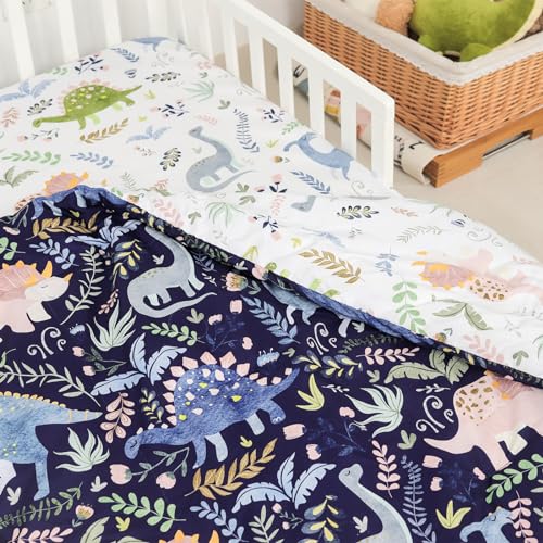 Image of Pea Pod 4 Piece Dinosaur Toddler Bedding Set for Boys, Premium Blue Toddler Comforter Set Crib Sheets Set Includes Flat Top Sheet, Fitted Sheet, Comforter, Envelope Pillowcase,Ultra Soft