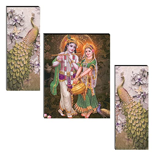 Image of Indianara Set of 3 Radha Krishna with Peacocks MDF Art Painting (3844FL) without glass 4.5 X 12, 9 X 12, 4.5 X 12 INCH