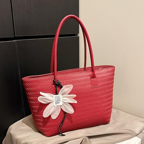 Women Casual Woven Tote Handbag with Pendant PU Leather Work Shoulder Bag (Red)2