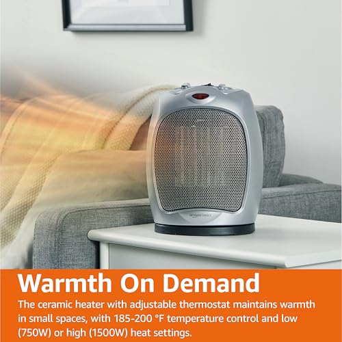 Image of AmazonBasics 1500W Oscillating Ceramic Heater with Adjustable Thermostat, Silver