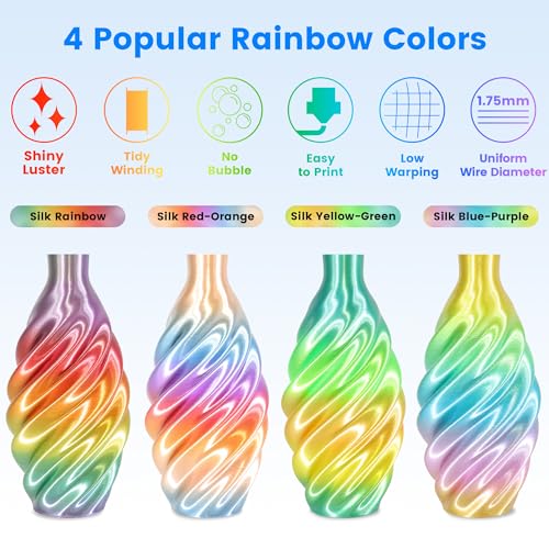 Image of MIKA3D 8 Spools Different Popular Colors 3D Printing Filament PLA Bundle, 1.75mm 4 Different Silk Rainbow PLA, 4 Different Glow in Dark PLA, Total 8 Spools Packed, 0.25kg /Spool, Total 2kg