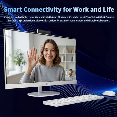 Image of HP 27 inch all-in-one touchscreen desktop, Intel Core Ultra 7 155U, DDR5 RAM, SSD, Windows 11 Pro, adjustable angle, wireless keyboard and mouse